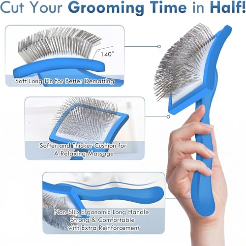 Wooden Long Pin Slicker Brush for Large Dog, Poodles & Doodles Long Hair | Grooming, Fluff & Detangle Heavy Dense Wavy Curly Coats to Easily Prevent Severe Hair Matting During Shedding Seasons - color: Blue