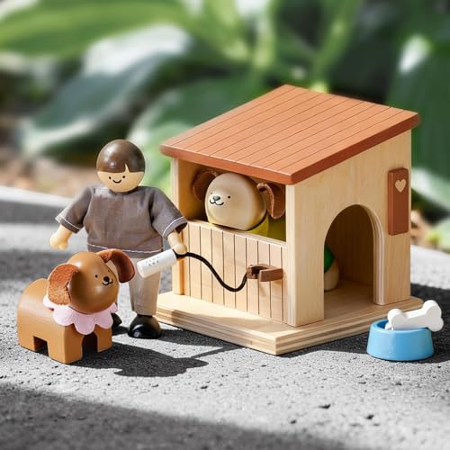 Tiny Land Wooden Dollhouse Animal Set for Toddlers, Dollhouse Accessories | Dolls House Furniture Sets for Toddlers, Montessori Pretend Play Family Pets Set Toys, Gift for Kids Age 3+