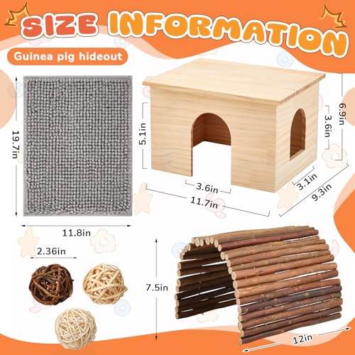 9 Pcs Wood House Guinea Pigs Hut Hideout with Rolling Chew Toys for Small Animals Accessories, Toys, and Supplies Guinea Pig Liner Washable Cage Liner Guineapig Habitat Cage Accessories
