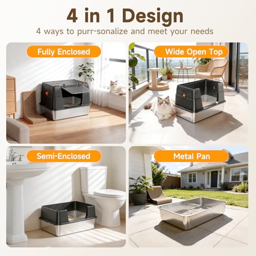 Stainless Steel Litter Box with Lid, High Sided Enclosed Metal Litter Box for Big Cats, Easy Cleaning Anti-Urine Leakage, Non-Sticky Cat Box, Front Entry Top Exit KittyBox, Includes Mat & Scoop