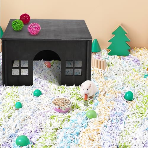 Wooden Hamster Hideout with Window Door, Soft Mat | Detachable Small Animal Guinea Pig House, Woodland House Habitats Decor for Chinchilla Mice Gerbils Mouse Dwarf