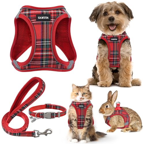 GAMUDA Small Dog Harness Collar and Leash Set, Step in No Chock No Pull Soft Mesh Adjustable Dog Vest Harnesses Plaid Reflective for Dogs Puppy Cats Kitten Rabbit (Red, XS) - color: Red, size: XS