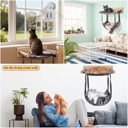 JSPYFITS Wooden Cat Furniture Wall Mounted, Double Layer Hammock, Large Size 18.9″ Removable Multi-Function Cat Bed for Sleep/Play/Climb, Kitten Window Perch, Easy DIY Installation(Grey) - color: Grey