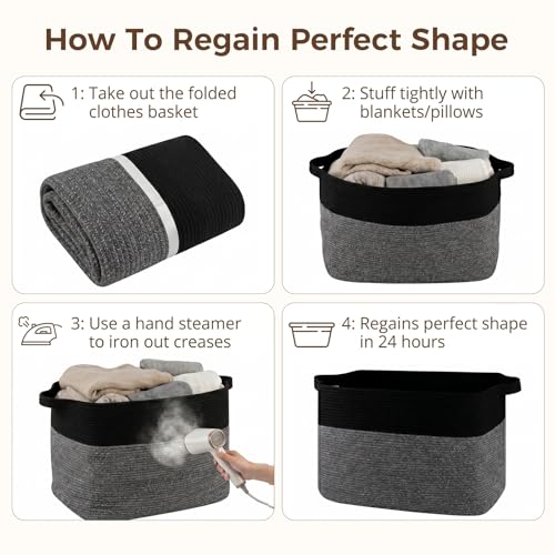 OIASKET 108L Cotton Rope Storage Basket for Living Room and Bedroom 25"x16"x16" Woven Laundry Basket, Heavy Duty Bin for Blankets, Pillows & Toys, Pet-Safe & Scratch-Free, Black - color: Black