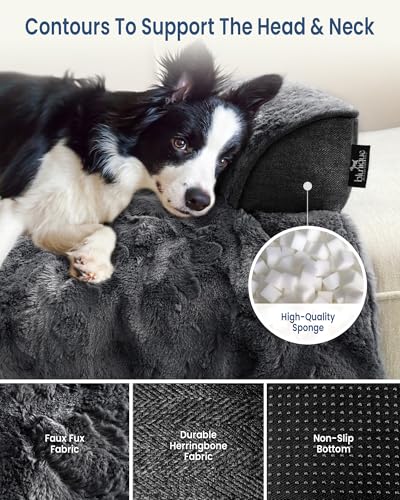 Calming Medium Dog Bed for Couch, 35 x 31 inch Removable Couch Cover for Dogs Washable, Non-Slip Fluffy Plush Dog Sofa Mat for Furniture Protector - Dark Grey - color: Dark Grey, size: 35"L x 31"W x 4.5"Th