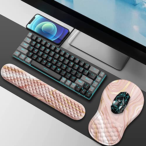 HAOCOO Ergonomic Keyboard Wrist Rest & Mouse Pad Set, Rose Gold Pink | Memory Foam Wrist Support, Ergonomic Keyboard Rest, Smooth Mouse Pad Surface, Non-Slip PU Base, Matching Coaster Set - color: Marble Rose Gold Pink Fluid