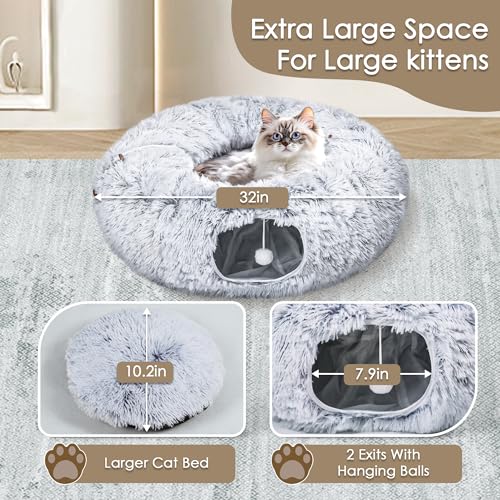 Baseola Fuzzy Cat Tunnel Bed for Indoor Cats, 2-in-1 Interactive Cat Toys | Peekaboo Cat Cave with Washable Mat, Collapsible Cat Play Tunnel for Kittens & Small Pets, Plush Cat Donut Bed Tunnel, Grey - color: Grey