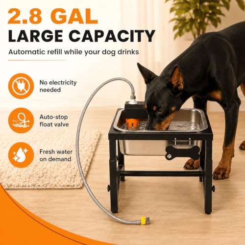 2.8 Gallon Elevated Large Dog Water Bowl, Automatic Dog Water Bowl Dispenser, 4 Adjustable Height Raised Dog Bowl Stand for Large Breed Relief Joint Pressure, Easy Clean for Indoor & Outdoor Uses - size: 360 oz
