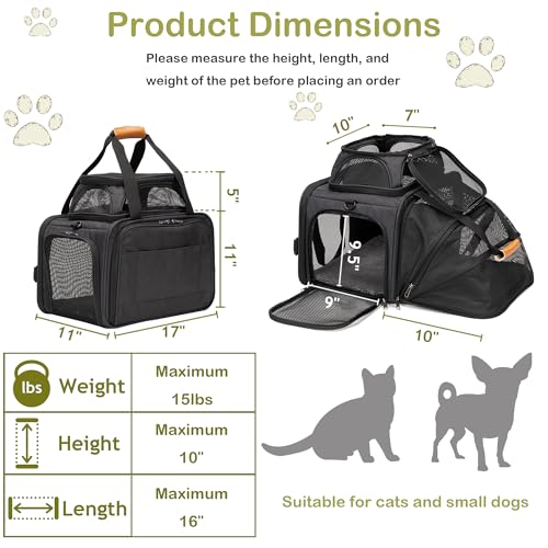 JUNGYOON Cat Carrier, Expandable Airline-Approved Soft-Sided Pet Travel Bag for Cats, Small Dogs & Small Pets, Breathable Mesh Design with Multi-Pockets & Fleece Pad (Dark Grey) - color: Dark Grey, size: 17.0"L x 11.0"W x 11.0"H