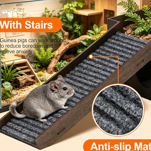 Large Sturdy Bunny House, Guinea Pig Rabbit Hideout Castle | Small Animal House Bed Hut Habitats with Stairs, Sturdy Wooden Guinea Pig Hideout for Hamsters Bunny Chinchillas Hiding - color: Walnut