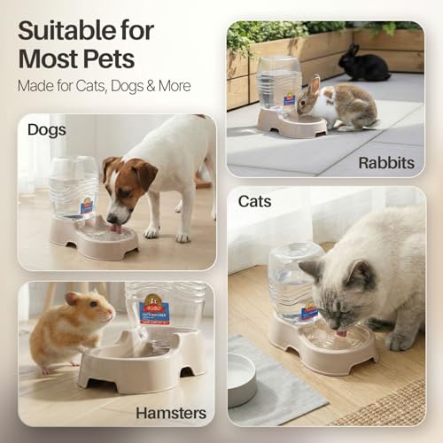 Flexzion Gravity Pet Water Dispenser for Cats & Small Dogs, 1/4 Gal Beige | Automatic Cat and Dog Waterer with 900 Ml Reservoir, Non-Skid Feet, Recessed Carry Handle, and Easy-Clean Pp Bowl - color: Beige, size: 0.9 L