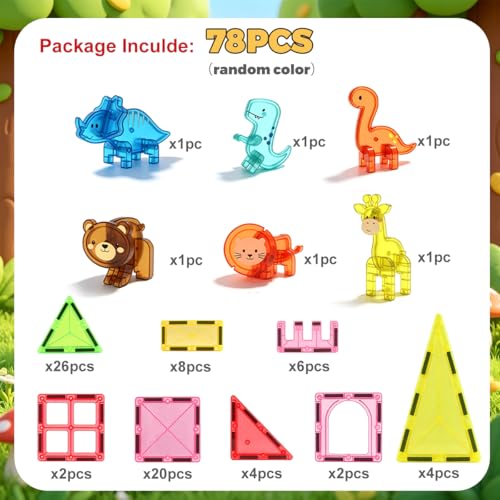 Magnetic Animal Figures for Magnetic Tiles, 3D Assemble Zoo Dinosaur Animal Toys, STEM Educational Sensory Play Set for Kids , Compatible with Magnetic Building Blocks, Ideal Gift for Boys Girls (9)