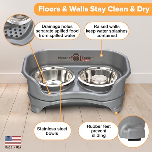 Neater Feeder Express Mess Proof Dog Bowls Elevated for Small Breed – Made in USA – No Spill Raised Slow Feeder Elevated Dog Bowl Stand, Stainless Steel Food and Water Bowl Set, Grey - color: Gunmetal Grey, size: Small w/ Metal Slow Feed Bowl