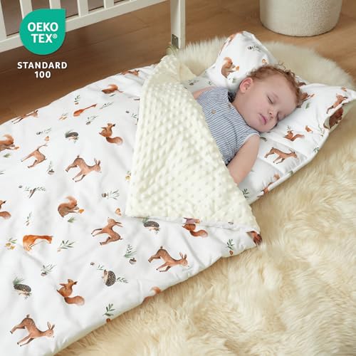 david's kids Toddler Nap Mat with Pillow and Minky Fleece Blanket, 55"x23",Ultra Soft Slumber Bags for Kids, Perfect for Preschool, Daycare, Kids Sleeping Bags with Rollup Design, Woodland Animals - color: Woodland Animals