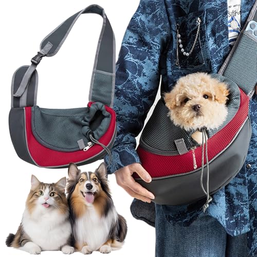 Pet Sling Carrier for Small Dogs & Cats, Hands-Free Dog Travel Bag with Adjustable Padded Strap, Breathable Mesh Puppy Carrier with Safety Hook & Zipper Pocket, Ideal for Kittens, Rabbits, Small Pets