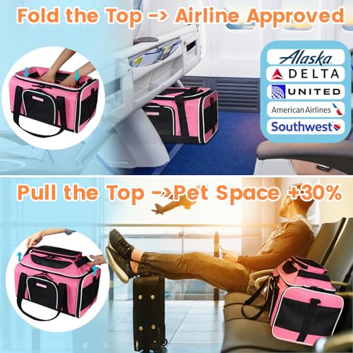 Top-Expandable Small Pet Carrier 17"x11"x9.5" Airline Approved | for Alaska Airlines, Lockable Safety Zippers and Anti-Scratch Mesh, Soft-Sided, Pets Under 10 Lbs, Pink - color: Pink, size: 17.0"L x 11.0"W x 9.5"H