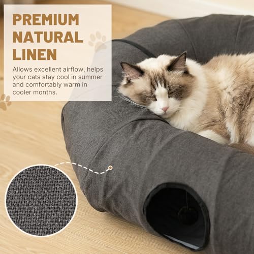 Extra Large Cat Tunnel, Cooling Natural Linen Big Tunnel for Cats 47.2in | Multi-Cat Family Long Cat Tunnel Bed with Washable Mat, Breathable & Durable Big Cat Tunnel for Cats, Dark Grey - color: Dark Grey, size: Large