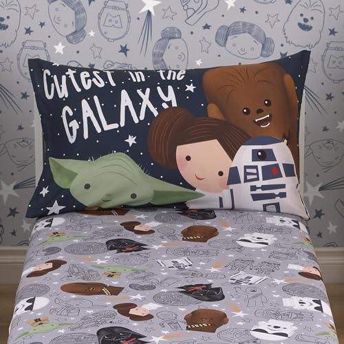 Star Wars Welcome to the Galaxy Navy and Gray Yoda, Princess Leia, R2-D2, and Chewbacca 2 Piece Toddler Sheet Set - Fitted Bottom Sheet and Reversible Pillowcase - color: Welcome to the Galaxy
