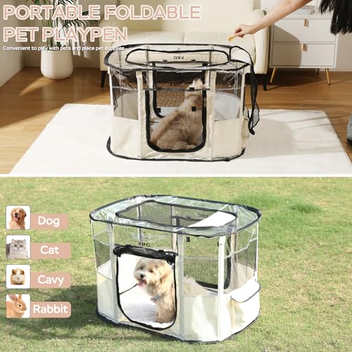 Dog Play Pen with Waterproof pad,Portable Dog Crates for Medium Dogs Kennel Tent,Dog Cages Indoor Breathable Mesh Collapsible Dog House Travel Playpen for Dogs Indoor & Outdoor(Medium, Beige) - color: Beige, style: Medium（31.5"L x 23.6"W x 21.7"H）