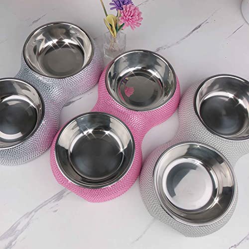 SAVORI Small Cat Bowls Pink, 320ML Handmade Bling Rhinestones Stainless Steel Pet Bowls Removable Double Food Water Feeder for Puppy Cats Dogs - color: 320ml-Pink