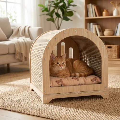 Modern Cat House for Indoor Cats, 2-in-1 Cat Scratcher Lounge with Cozy Cushion, Wooden Furniture Style Cat Condo Bed for Cats & Kittens
