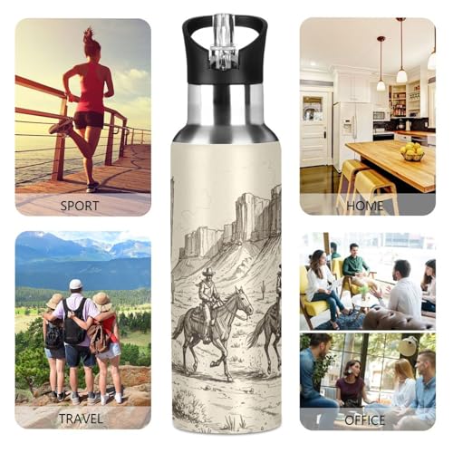 Western Cowboy Cactus Water Bottle Kids Stainless Steel Water Bottle with Straw Lid, Leak Proof Boys Girls Insulated Tumbler Cup for School 20 oz - color: Multi26