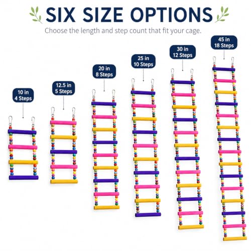 Flexible Wooden Bird Ladder Bridge for Cages, 12.5 in, 5 Steps | Natural wood, flexible bridge shape, four metal clasps, climbing and perching for small and medium birds - color: 12.5Inch - 5 Ladders