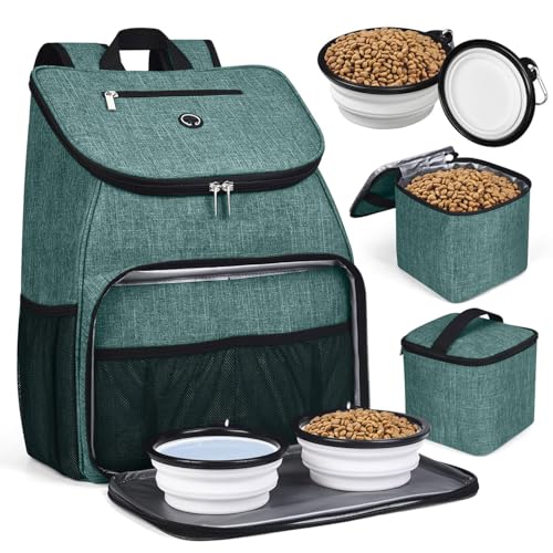 BAGLHER丨Dog Travel Bag, Airline Approved Pet Supplies Backpack, Dog Travel Backpack Accessories Set with 2 Silicone Collapsible Bowls and 2 Food Baskets. Green - color: Green-A