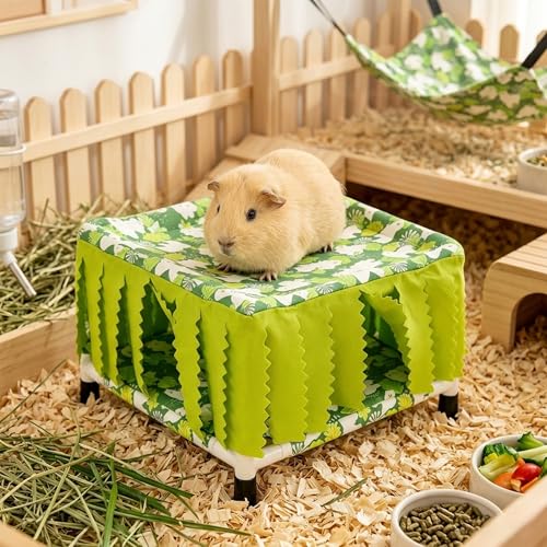Guinea Pig Hideout with Fringe Curtain, Guinea Pig Bed | Small Animal Tent Hideaway, Stable Shelter Hut for Guinea Pig, Rabbit, Ferret, Chinchilla, Rat and Squirrel - color: Green