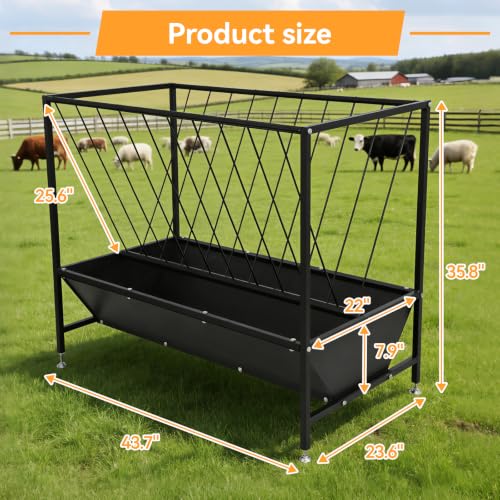 70 Gallon Pasture Hay Feeder, Heavy-Duty 2-in-1 Livestock Feeder with Grain Trough, Galvanized Steel Hay Rack for Goats, Sheep, Calves and Miniature Horses