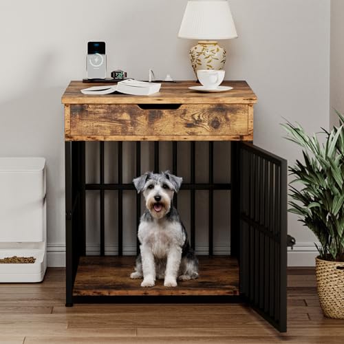 IRONCK Dog Crate Furniture for Small Dogs, Rustic Brown | Wooden Dog Kennel with Flip Top Drawer, Indoor Pet Crate End Table with Charging Station, Steel-Tube Dog Cage - color: Rustic Brown