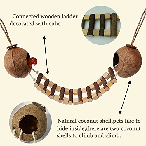 Hamiledyi Coconut Bird Nest Hut with Ladder Hanging Birds Hide House Toy for Cage Natural Coco Shell Hideaway for Parakeet Lovebirds Finch Syrian Hamster Gecko Squirrel Climbing - size: 1PCS 31.9*19.3in