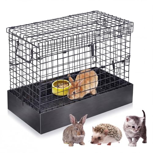 DoubleFill Folding One Hole Rabbit Transport Cage, Portable 18 x 10 x 14 in Black Rabbit Carrier with Tray and Handles for Travel Temporary Housing Indoor Outdoor Small Animal Enclosure - color: Black, size: 18.9"L x 14.2"W x 4.7"H