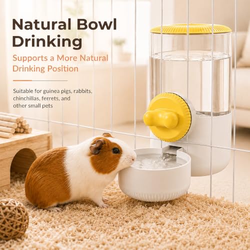 34 oz Hanging Water Dispenser for Small Animals, Guinea Pigs & Rabbits | Secure Mount | Adjustable Height | One-Way Flow | Outside Refill | Easy Cleaning - color: Yellow