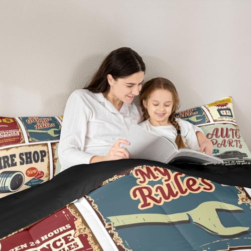 Vintage Car Signs Comforter Set For Boys, Automobile Pattern Down Comforter, Repair Vehicle Garage Bedding Set Twin Size For Kids Girls Teens, Classics Servicing Duvet Insert Bedroom Decor - color: Multi 67, size: Twin
