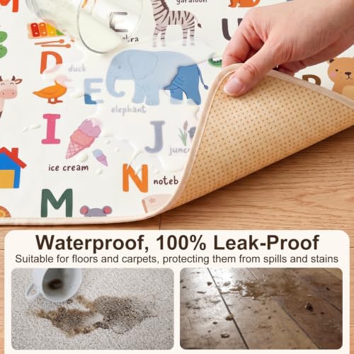 Basumee Splat Mat for Under High Chair, Waterproof & Mess-Proof Floor Mat | 46"×42" Baby Splash Mat, Non Slip Bottom, 4-Layer Fabric, Food & Liquid Catcher, Machine Wash for Boy Girl, Meals, BLW, Craft - color: Animal Alphabet, size: 46x42 Inches