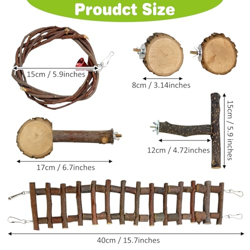 BNOSDM 6PCS Chinchilla Cage Accessories, Natural Wood Sugar Glider Climbing Bridge & Perch Platforms, Rat Enrichment Toys Set for Small Animals Squirrel, Gerbil, Hamster - color: 6PCS-Wooden Ladder & Swing T-Perch Set