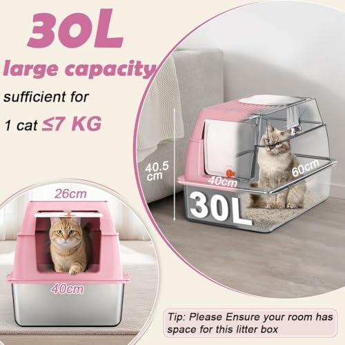 SZEE XL Stainless Steel Litter Box with Lid, Extra Large Metal Covered Litter Box, Stainless Box Easy Clean, Activated Charcoal Odor Control Design, Includes Litter Scoop & Mat & Step, Pink - color: Pink