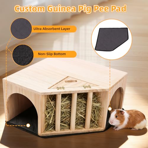 Kalolary Wooden Guinea Pig Corner Hideout with Pee Pad, Small Animal Hideout with Hay Feeder Dual Entrances Hamster Hideout for Bunny Chinchilla Mice Dwarf Gerbils Mouse Hedgehog Playing Hiding