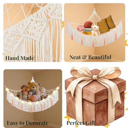 Stuffed Animal Hammock Corner, Plushie Net for Stuffed Animals, Macrame | 55 Inch Cotton Blend, Large Plush Hammock, Corner Net, Hanging Net for Stuffed Animals, Stuffy Hammock, Decor, Gift