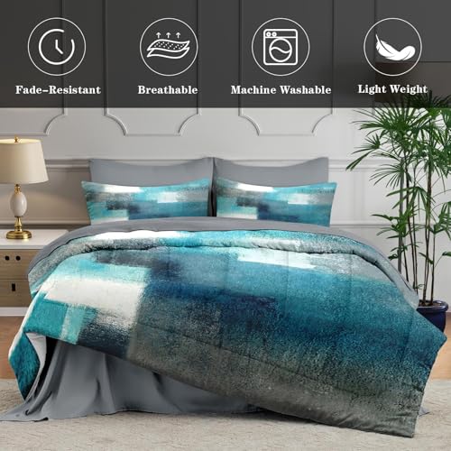 WeCozy Full Comforter Set with Sheets, 7 Pieces Turquoise Grey Bedding | Bed in A Bag for All Season, Painting Teal Contemporary Gray, 2 Pillowcases & 2 Shams for Kids and Adults - color: Turquoise Teal, size: Full