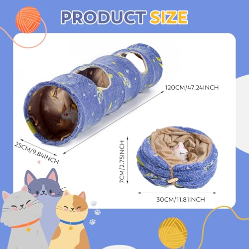 Glowing Astronaut Pattern Cat Tunnel - Collapsible with Plush Balls, Ideal for Indoor Cats, Rabbits, Kittens, Ferrets & Puppies (Blue) - color: BLUE
