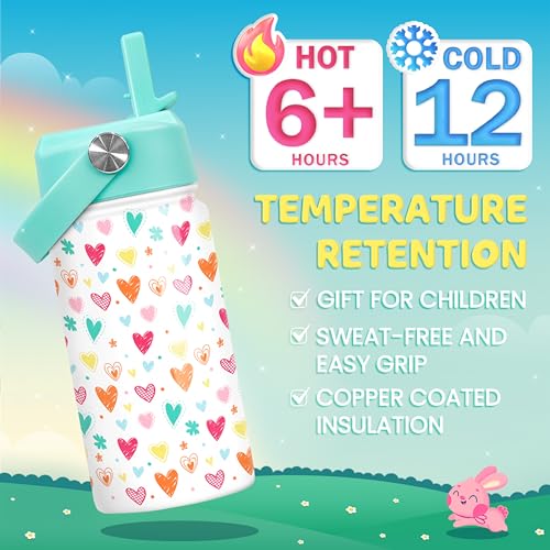 SANDJEST Kids Water Bottle with Straw Lid - Insulated 12 Oz Stainless Steel Water Bottles for Girls - Heart Water Bottle Travel Cup for School Sports - color: Heart