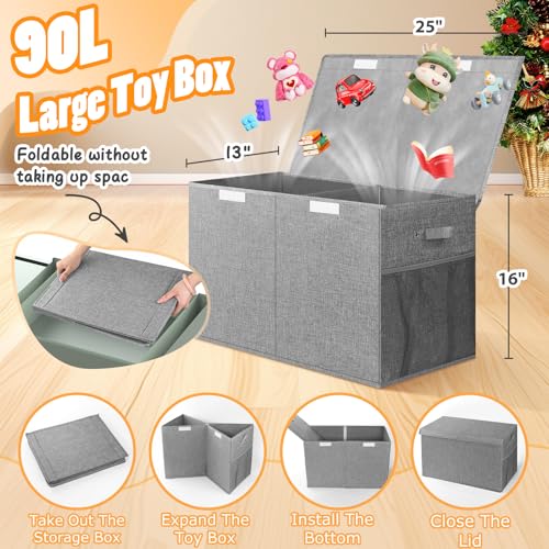 Large Toy Storage Box with Lid & Dividers, Collapsible Kids Toy Chest, Gray | Toy Box for Boys, Girls, Nursery, Bedroom, Living Room, Playroom, 25 x 13 x 16 inches - color: Large Gray