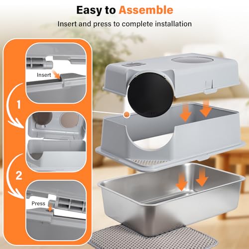 Stainless Steel Litter Box with Lid,Extra Large Enclosed cat Litter Box | Enclosed Metal litterbox with Flip Top,Front and Top Entry,Anti-Leakage,Easy Cleaning,Includes Scoop & Mat - color: Enclosed-XL