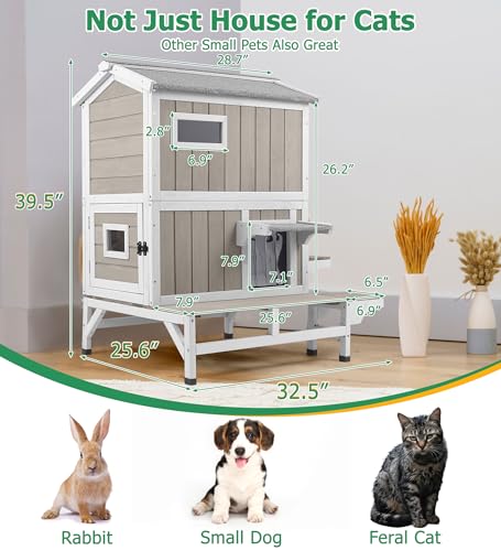 Outdoor Cat House Weatherproof Cats Shelter for Feral Kitten Pet Houses for 1-2 Small Animlas 2 Story Wooden Houses for Indoor Outdoor Cats with Escape Doors (25.5" D x 33.5" W x 39.5" H) - style: 25.5"D x 33.5"W x 39.5"H