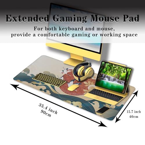 Gaming Mouse Pad Japanese Great Wave Blue Desk Pad, Big Mouse Pads Office Desk Pads, Mouse Mat Non-Slip Rubber Base Waterproof with Stitched Edges, 35.4 X 15.7 inch Oriental Pattern - color: Oriental Pattern