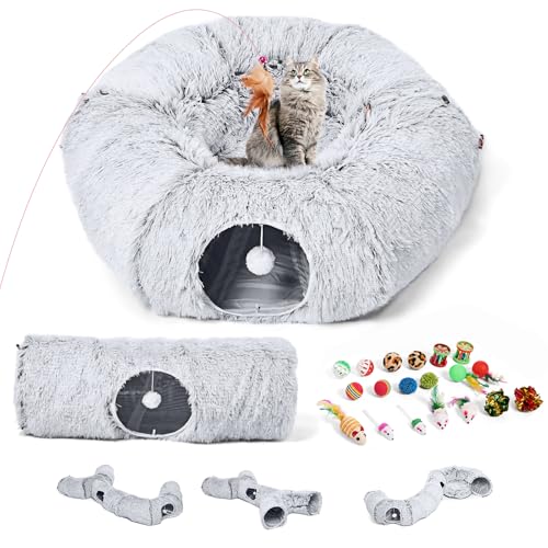 Cat Tunnels Bed with 1 Straight Tunnel and 20 Pet Toys - 5 Shapes DIY Indoor Cats Cave - Detachable Soft Cat Donut for Kitten Puppy Rabbit Ferret - color: Cat Tunnel+Additional Straight Tunnel