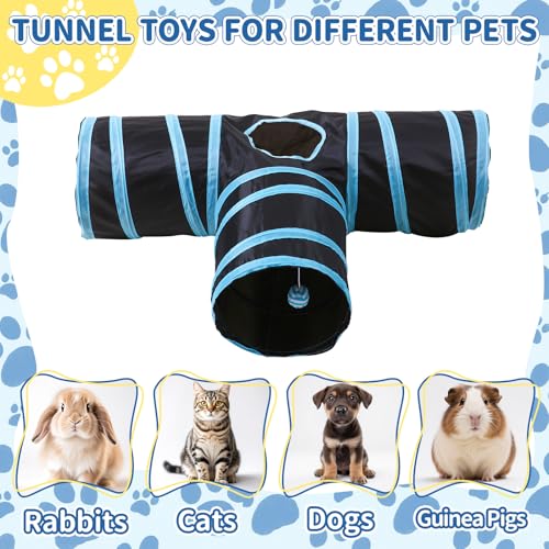 Pet Cat Tunnel, T-3 Way Tunnels for Indoor Cats, Collapsible Pet Tunnel for Kitten, Puppy, Rabbit, 25cm-Wide Tunnels, Durable & Breathable, with Peek Hole Toy Ball - color: T-Junction Tunnel & Black/Blue