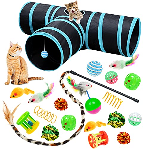 Malier Collapsible Cat Tunnels & Toys Set, Interactive Kitty Toys - Kitten & Cat - Feathers, Mouse, Crinkle Balls, 3-Way Tube Tunnel for Indoor Play - color: Black